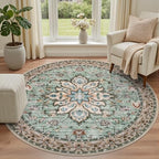 Round Area Rug for Living Room: 6ft Boho Washable Rug Brown Green - Image 2