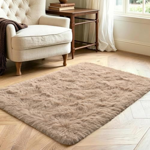 2x3 Beige Fluffy Soft Area Rug Non-Slip for Entryway Bedroom Dorm Hallway - Image 3