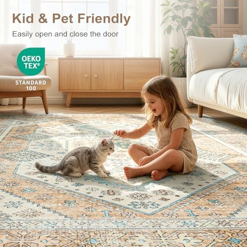 Lofus Living Room Rugs 8x10, Boho Orange and Beige Washable Carpet - Image 5