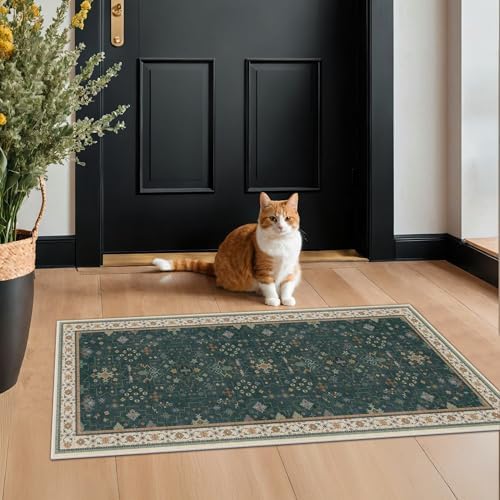 Dark Green Oushak 2x4 Entryway Rug - Modern Vintage Boho Eclectic Floral Pastel, Washable Low Pile Non-Slip Small Throw Area Rugs for Door Mat Indoor Entrance, Kitchen, Bathroom, Bedroom, Laundry by HazoHaus