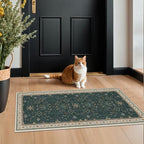 Dark Green Oushak 2x4 Entryway Rug - Modern Vintage Boho Eclectic Floral Pastel, Washable Low Pile Non-Slip Small Throw Area Rugs for Door Mat Indoor Entrance, Kitchen, Bathroom, Bedroom, Laundry by HazoHaus
