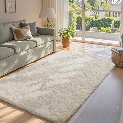 Ophanie 3x5 Rug, Bedside Preppy Dorm Area Rug, College Essentials Non Slip Ivory Small Carpets for Bedroom, Anti Slip Fluffy Living Room Rugs Home Decor with Over 99 pcs Pile fibers - Image 3