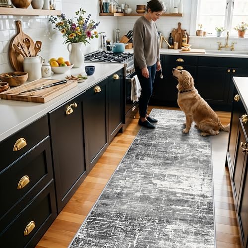2x8 Washable Hallway Runner Rug: Abstract Stain Resistant Kitchen Rugs Farmhouse Ultra Soft Bathroom Bedroom Entryway Print Floor Mat Thin Non-Slip Indoor Carpet for Living Room Laudry(2x8,Black/Grey) - Image 2