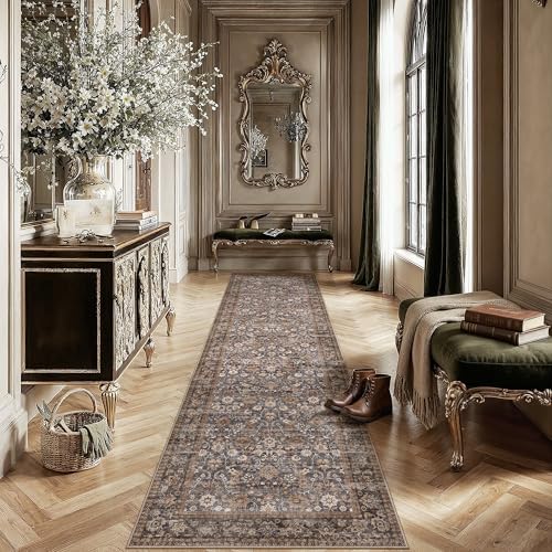 HUGEAR 2'6''x12' Brown Blue Vintage Floral Washable Runner Rug for Hallway by HUGEAR