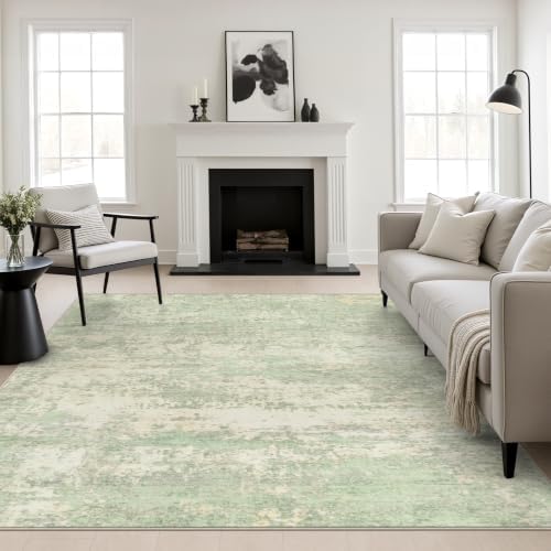 Area Rug Living Room: 8x8 Modern Washable Soft Carpet Green Cream by FXRHLP