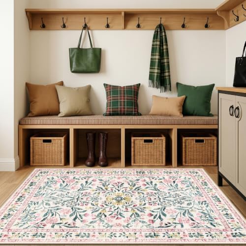 PLHXFR Area Rug Living Room: 3x5 Floral Washable Boho Carpet Pink Green - Image 5