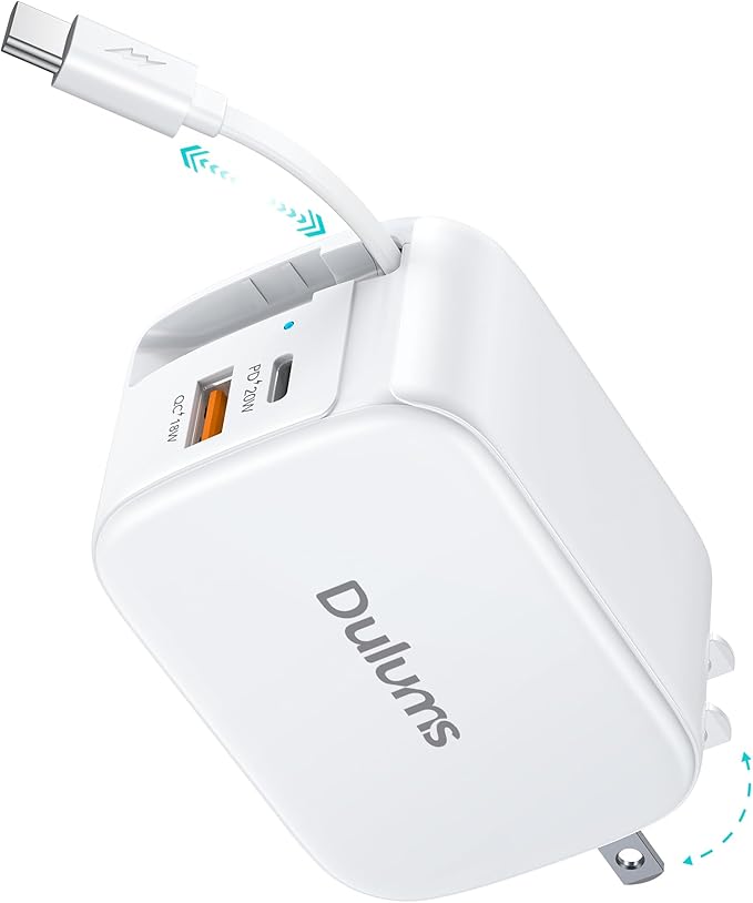 Retractable Wall Charger,40W Dual Port QC3.0+PD Fast USB C Charging Block,Type C Power Adapter Brick Cube for iPhone 17/16/15/14/13/12 Pro Max Plus,Samseng Galxy S24/S23(with 2.6FT USB C Cable)