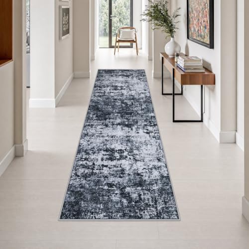 2.6x10 Washable Runner Rug:Modern Abstract Indoor Carpet Black by FXRHLP