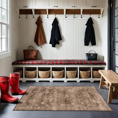 Brown 2x4 Entryway Runner Rugs, Small Runners for Kitchen, Door Mat Indoor Entrance, Bathroom, Non-Slip Low-Pile Washable Stain Resistant, Vintage Taupe Earthy Decor - Image 3