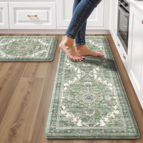 Boho Kitchen Mats for Floor 2PC Anti Fatigue Kitchen Rugs, Spring Green by tubeamin