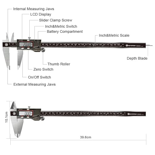 KETOTEK Digital Caliper, 12 Inch/300mm Vernier Caliper Measuring Tool with Stainless Steel, IP54 Splash Proof, Electronic Micrometer LCD Screen Auto-Off, Inch/Millimeter Conversion for 3D Printing