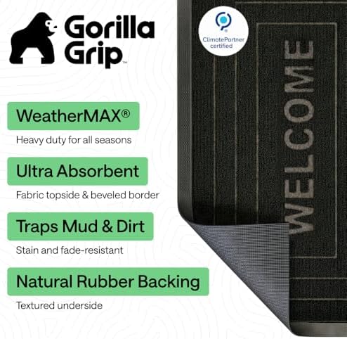 GORILLA GRIP WeatherMAX Door Mat, Indoor Outdoor Use, 47x35, Black Welcome - Image 2