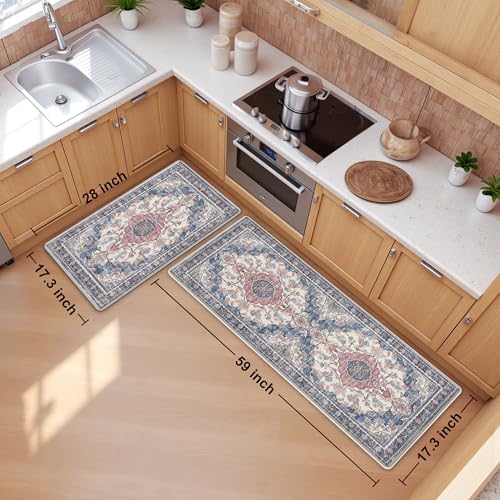 Boho Kitchen Mats for Floor 2PC Anti Fatigue Kitchen Rugs, Retro Blue - Image 2