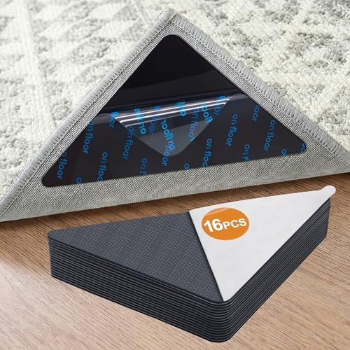 16 Pcs Rug Tape,Anti Slip Rug Pads Grippers for Hardwood Floors and Tiles,with Strong Adhesive Grid Backing-No Residue,Reusable Carpet Tape, Double-Sided Adhesive Rug Stickers by Tiergrade