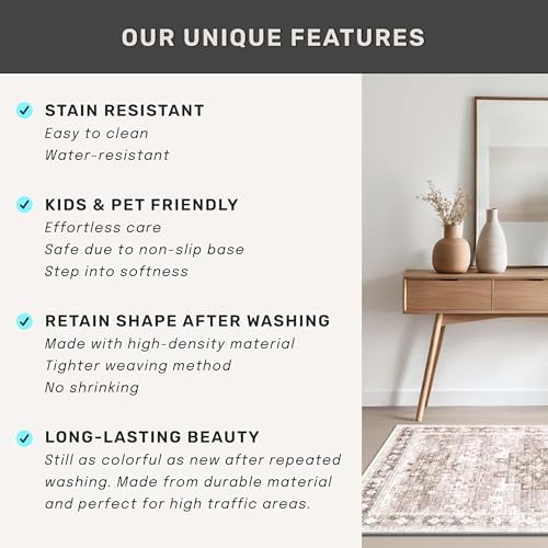 Boho 7x9 Area Rug for Living Room - Washable Beige Dining Room Rug Under the Table, Low Pile Non-Slip Rugs for Bedroom, Office - Charming Geometric Decor & Stain Resistance (7x9 Beige/Latte) - Image 7