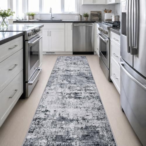 3x14 Washable Runner Rug：Modern Abstract Kitchen Soft Carpet Grey - Image 5