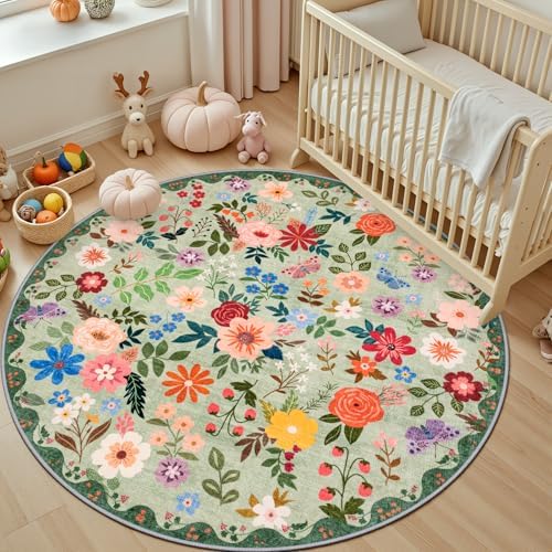 PLHXFR Round Area Rug Living Room: 4 ft Floral Washable Soft Carpet Green - Image 5