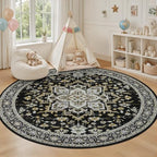 Round Area Rug for Living Room: 6ft Boho Washable Rug Black Gold - Image 5