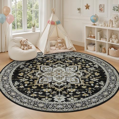 Round Area Rug for Living Room: 6ft Boho Washable Rug Black Gold - Image 5