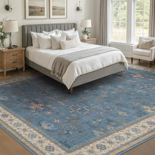 Hazo Haus Boho 8x12 Large Area Rugs for Living Room - Eclectic Dusky Blue Rug for Bedroom Under Bed, Dining Room Under Kitchen Table, Washable Soft Non Slip Unique Colorful Indoor Décor - Image 3