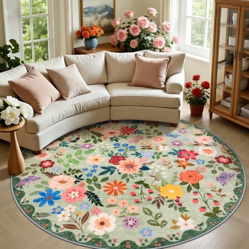 PLHXFR Round Area Rug Living Room: 8 ft Floral Washable Soft Carpet Green by PLHXFRSoftAreaRugs