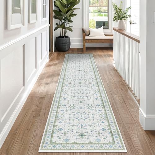 Hazo Haus Washable Oushak 2x8 Bathroom Runner Rug - Vintage Turkish Floral 8ft Long Low Pile Non Slip Runners for Kitchen, Hallway - Cream Blue and Green - Image 6