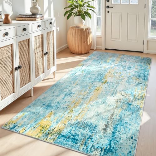 Entryway Rug 3x6 Teal Blue Bedroom Area Rug Washable Non Slip Abstract Boho Rugs for Indoor Entry, Kitchen, Classroom, Bathroom, Kids Girls Room, Office, College Dorm Small Carpet by OmpaaHomeDecor
