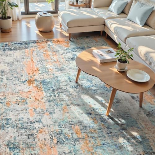 Ompaa Living Room Rug 8x10 Blue Area Rugs Machine Washable Abstract Boho Large Carpet Non-Slip Non-Shedding Faux Wool Indoor Vintage Rugs for Bedroom, Classroom, Dining Room, Kids Playroom - Image 3
