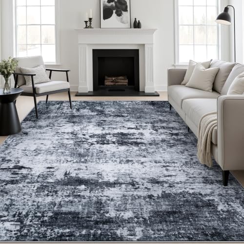 6x9 Area Rug Living Room: Modern Washable Indoor Carpet Black by FXRHLP