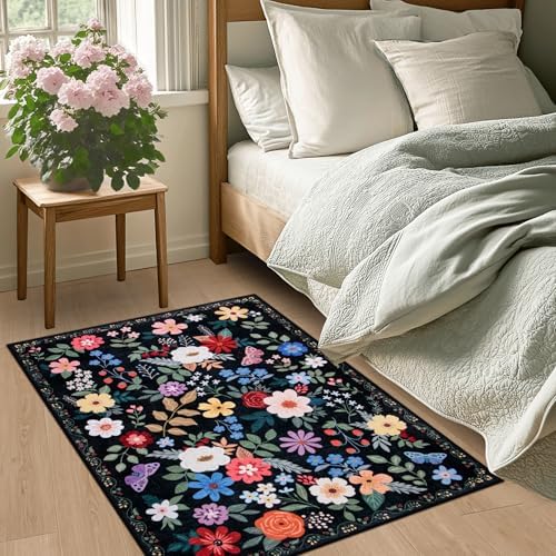 PLHXFR 2x3 Small Entryway Rug: Floral Washable Indoor Soft Carpet Black - Image 3