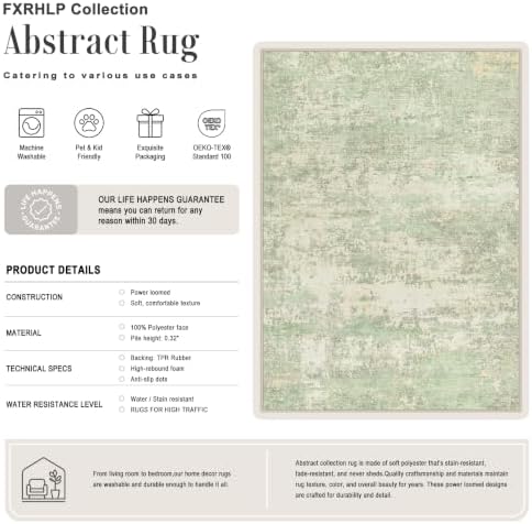 9x12 Area Rug Living Room: Modern Washable Soft Carpet Green Cream - Image 2