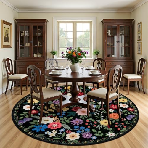 PLHXFR Round Area Rug Living Room: 8 ft Floral Washable Soft Carpet Black - Image 3