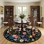 PLHXFR Round Area Rug Living Room: 8 ft Floral Washable Soft Carpet Black - Image 3