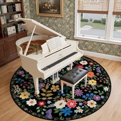 PLHXFR Round Area Rug Living Room: 8 ft Floral Washable Soft Carpet Black - Image 4