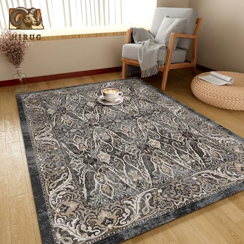 Washable Area Rug 6' x 9' Vintage Traditional Persian Mat - Foldable Distressed Non-Slip Machine Washable Carpet for Living Room Bedroom Kitchen Home Decor - Ebony and Taupe - Image 4