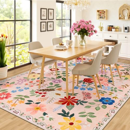 PLHXFR 8x10 Area Rug Living Room: Floral Washable Boho Soft Carpet Beige - Image 4