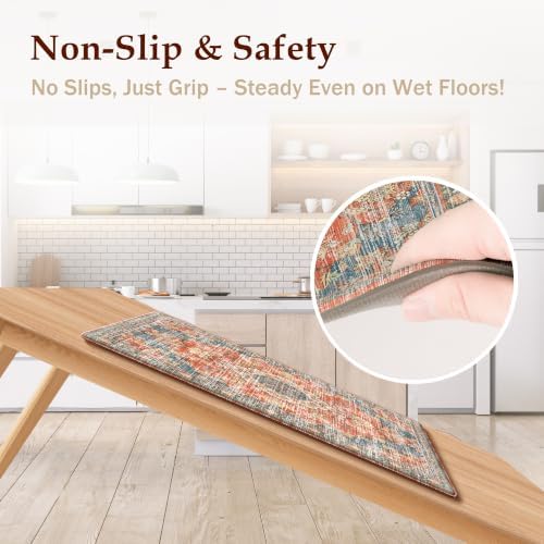 Boho Kitchen Mats for Floor 2PC Anti Fatigue Kitchen Rugs, Retro Red - Image 4