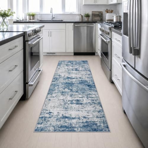 2.6x8 Washable Runner Rug：Modern Abstract Kitchen Soft Carpet Blue - Image 5