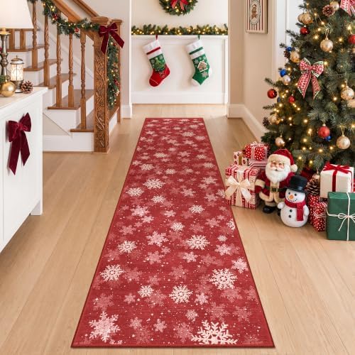 2x8 Christmas Runner Rug for Hallway,Washable Kitchen Rug,Red - Image 3