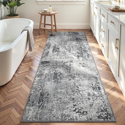 2x8 Grey Rug Runners for Hallways Kitchen Runner Rug Non Slip Washable Black Long Runner Rugs with Rubber Backing Soft Abstract Carpet Runner for Bedroom, Kitchen, Bathroom, Entryway - Image 5