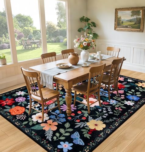 PLHXFR Area Rug 10x14 Living Room: Floral Washable Boho Soft Carpet Black - Image 4