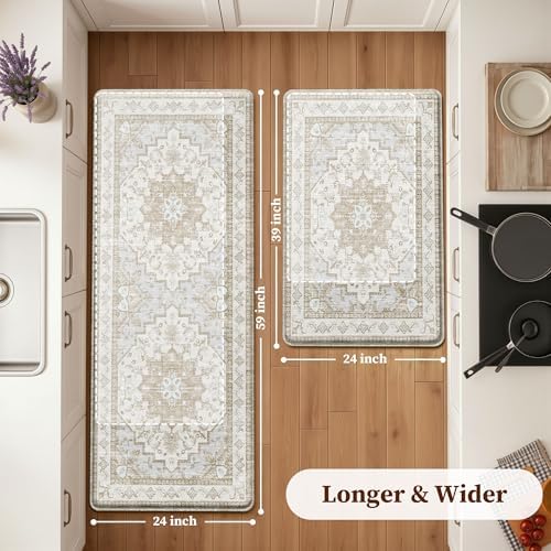 Boho Kitchen Mats for Floor 2PC Anti Fatigue Kitchen Rugs, Beige Tan - Image 2
