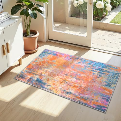 Entrance Rugs Indoor 2x4 Rainbow Entry Rug Washable Abstract Black Small Area Rug Non-Slip Low Pile Throw Rugs for Entryway, Kitchen Floor, Front Door Indoor Door Mat, Bathroom, Bedroom Bedside by OmpaaHomeDecor