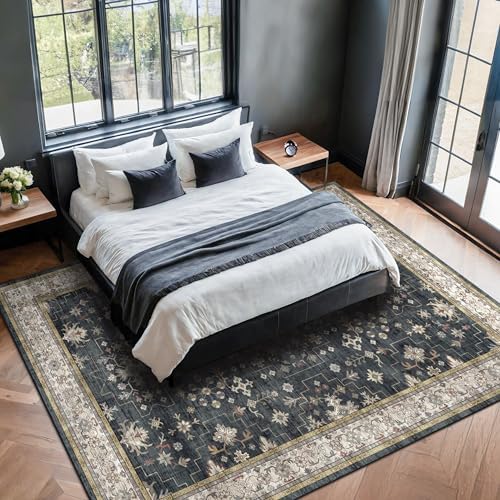 Hazo Haus Boho Dining Room Rugs for Under Table - 7x9 Washable Black Area Rug for Living Room, Low Pile Non-Slip Rugs for Bedroom Under Bed - Charming Farmhouse Decor & Stain Resistance - Black/Multi - Image 6