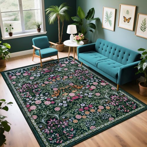 PLHXFR 6x9 Area Rug Living Room: Floral Washable Boho Carpet Dark Green by PLHXFRSoftAreaRugs
