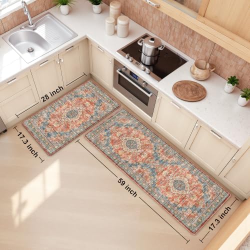 Boho Kitchen Mats for Floor 2PC Anti Fatigue Kitchen Rugs, Retro Red - Image 2