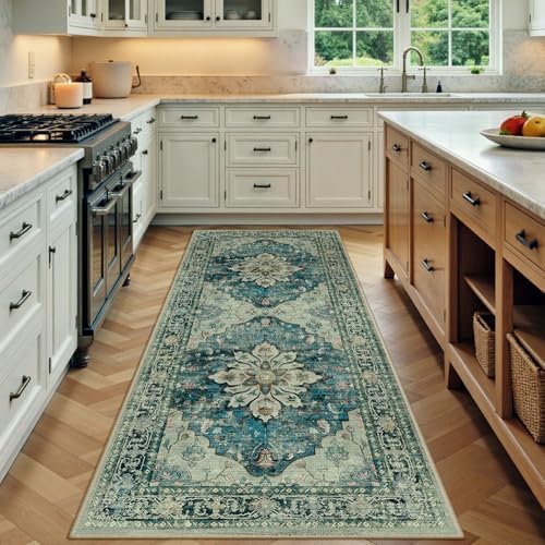 RELEANY Washable Area Rug, Runner 3'x7', Blue/Vintage Dark Blue by RELEANY