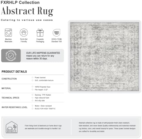 Area Rug Living Room: 4x4 Modern Washable Soft Carpet Black Grey - Image 2