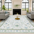 Hazo Haus Washable Rugs for Living Room 10x12 - Cream Blue and Green Oriental Floral Geometric, Low Pile Non Slip Extra Large Area Rug for Dining Under Table, Bedroom, Lounge by HazoHaus