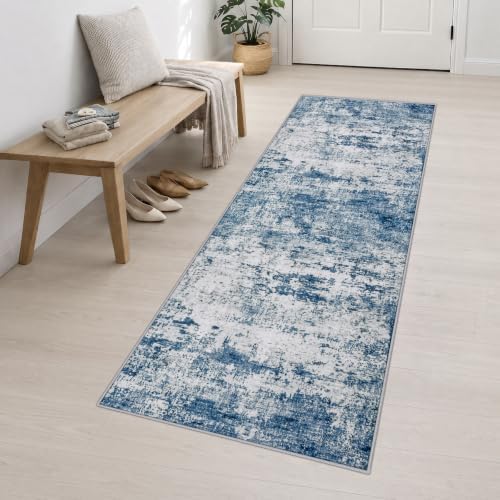 2.6x10 Washable Runner Rug:Modern Abstract Indoor Soft Carpet Blue - Image 3